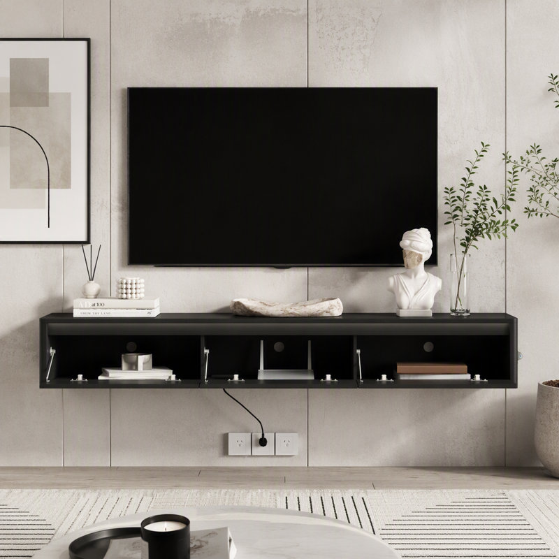 Meuble télé flottant, meuble télé mural avec lumières DEL et prise de courant, meuble télé ultrabrillant, Noir