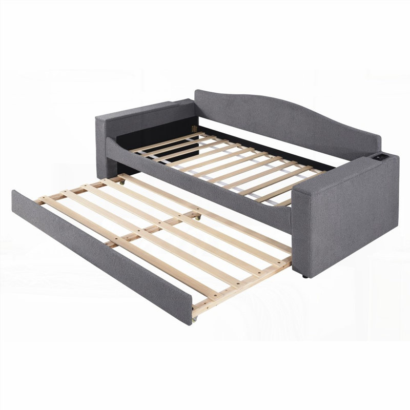 Lit de jour simple rembourré avec accoudoirs de rangement Lit gigogne, audio Bluetooth intégré, gris, aucun sommier nécessaire