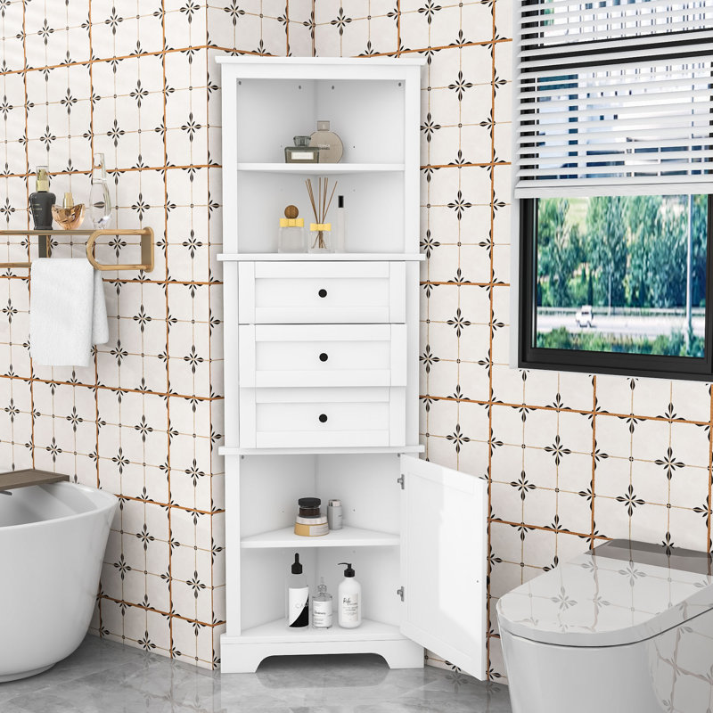 Tall Freestanding Bathroom Corner Cabinet with Adjustable Shelves, Doors and Triangle Drawers, White