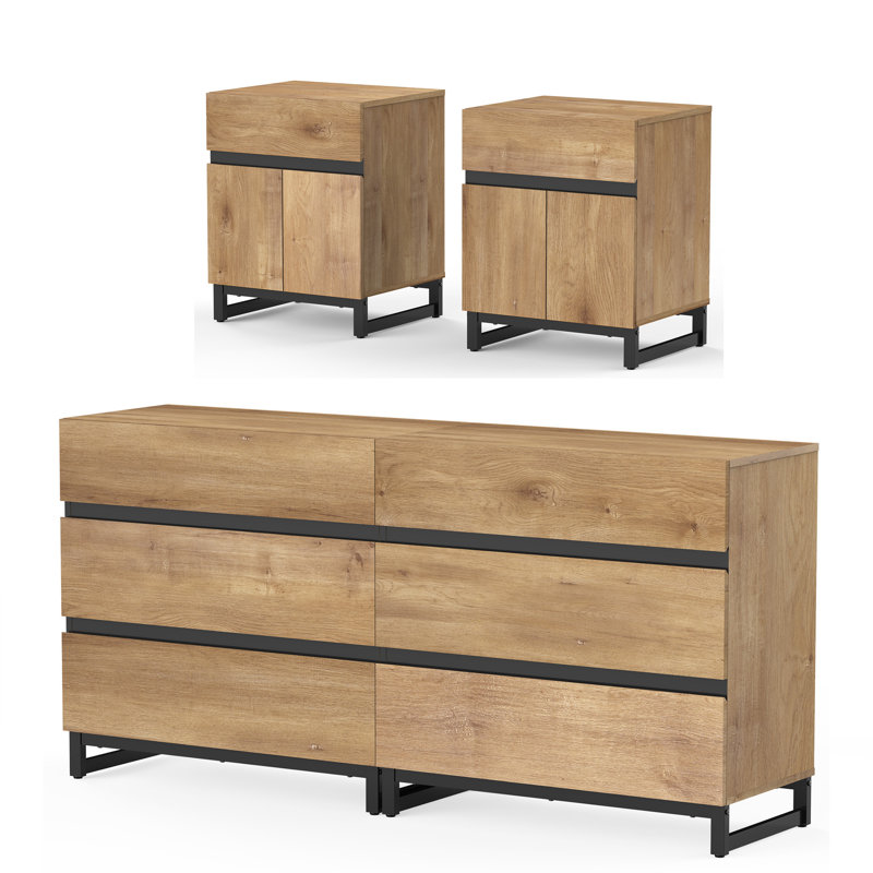 Ensemble de commode et table de chevet 3 pièces, commode de 63 pouces avec 6 tiroirs, table de chevet avec tiroir et armoire pour chambre à coucher, ensemble de mobilier de chambre à coucher