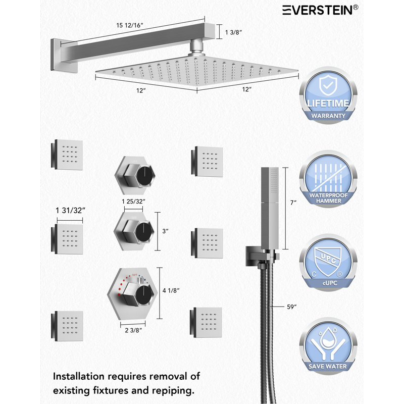 RelaxaJet Thermostatic Shower System 12" Wall Mounted High-Pressure Rainfall Shower Head with Handheld Shower,Body Jet