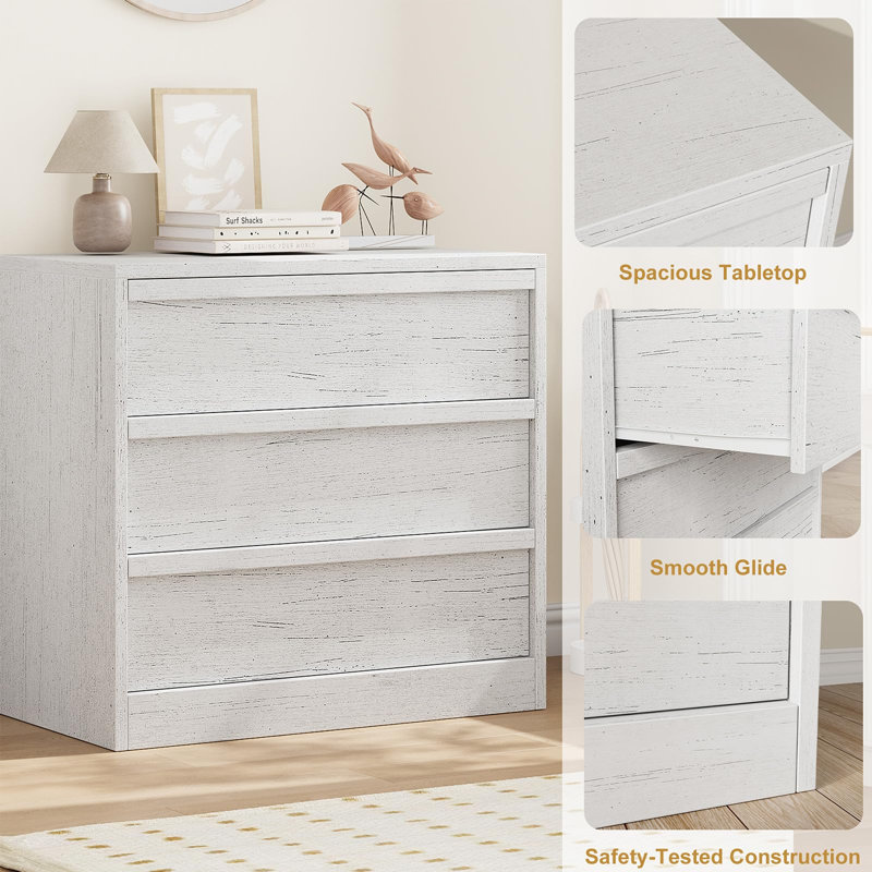 Drawers Dresser for Bedroom, Black Chest of Drawers with Embedded Handles Design, White/3 draws