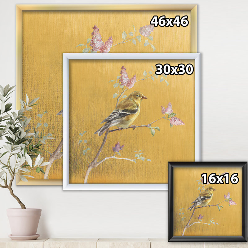 Reproduction d'art sur toile, "Oiseau doré sur fleurs", H 30 po x l 30 po x P 1 po, Cadre argenté