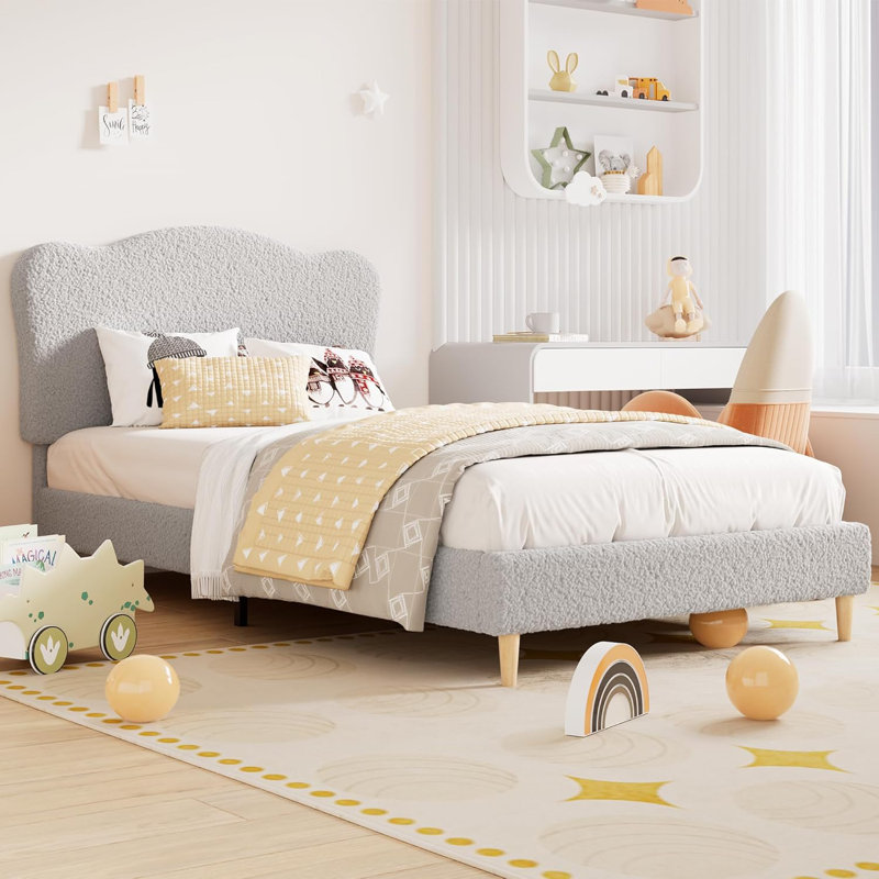 Bed with Scallop Headboard, Upholstered Bed Frame for Kids, Velvet Princess Platform Bed for Girls, Solid Wood Slats Support