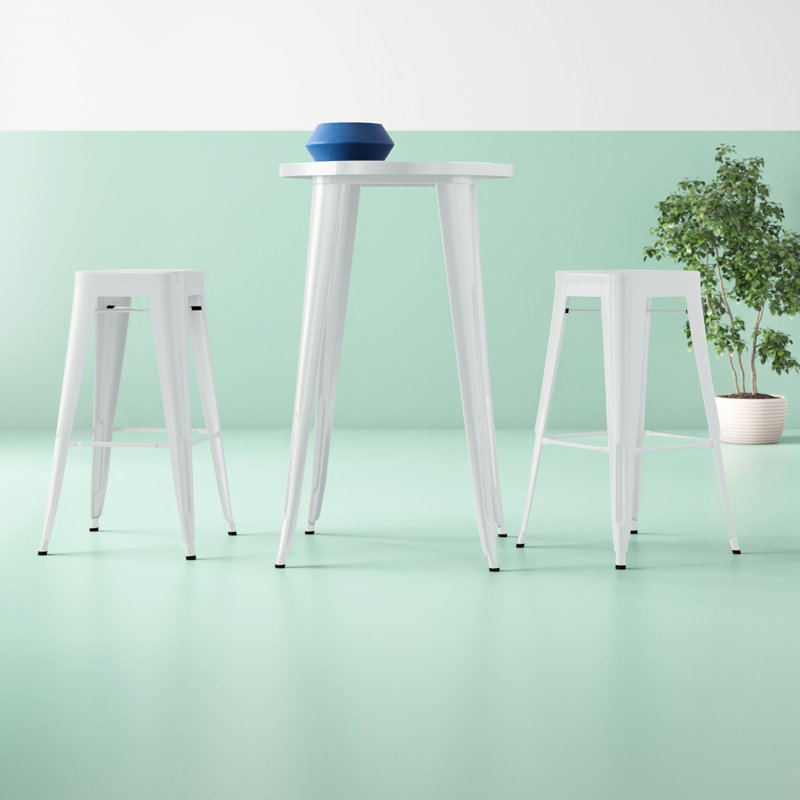 Gyala 30'' Round Metal Indoor-Outdoor Bar Table Set with 2 Square Seat Backless Stools, White, 41" H x 24" W x 24" D