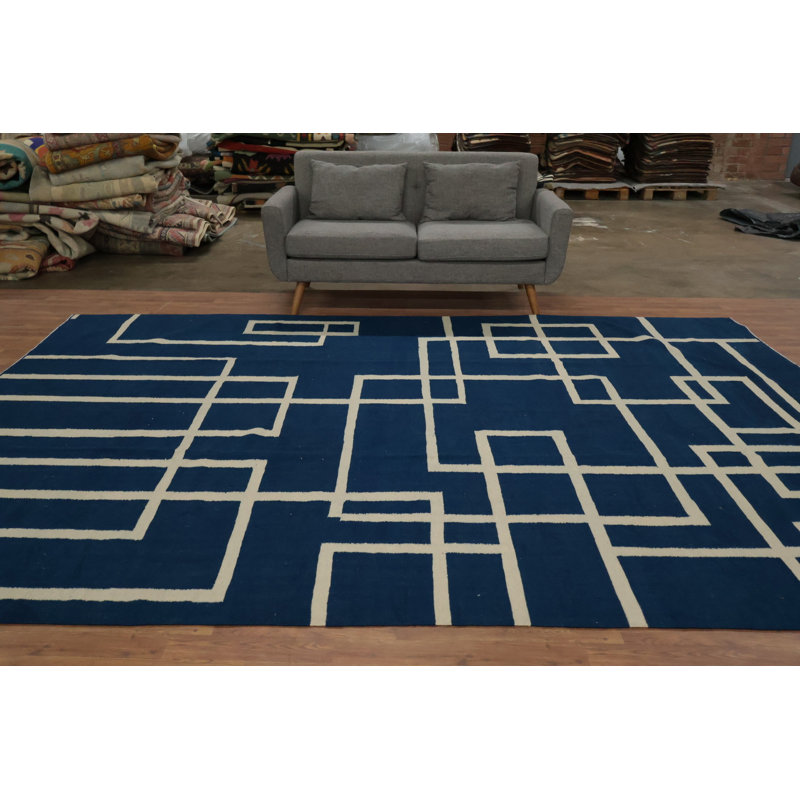 Blue Modern Wool Kilim Large Area Rug 9x12