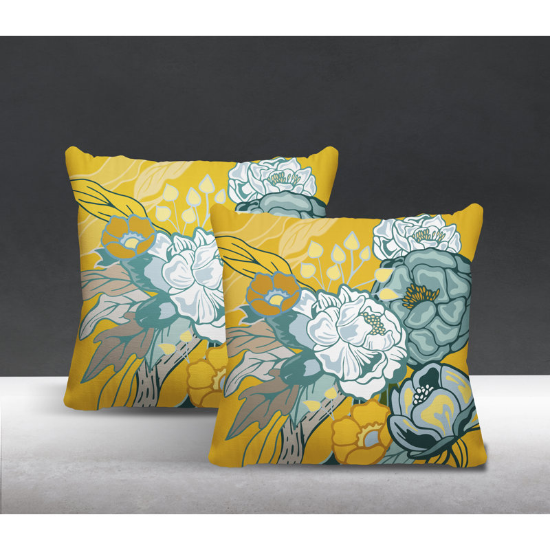 Floral Outdoor Reversible Throw Pillow, 15W" x 15H", Yellow/Green/Brown