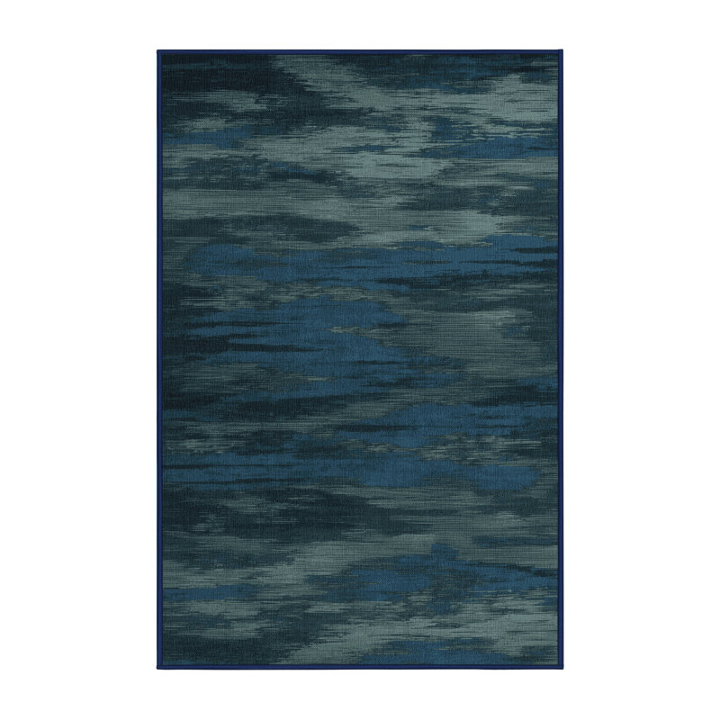 Tapis bleu abstrait lavable à la machine, Rectangulaire 7 pi x 10 pi