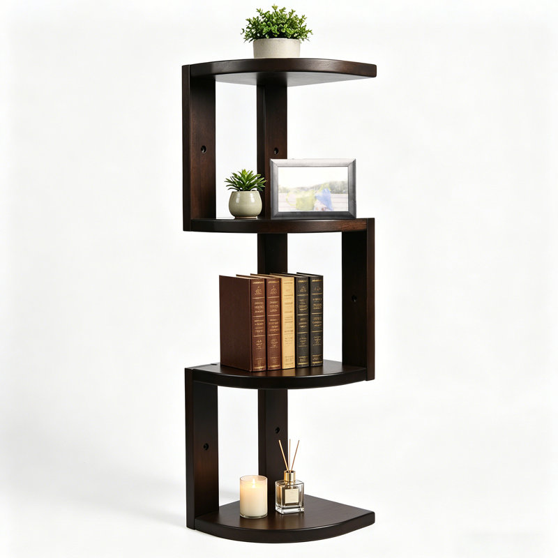 Tablette d'angle, 4 pièces, en bois de hickory massif américain, Noyer foncé