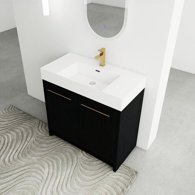 Freestanding Bathroom Cabinet With Resin Sink And Tender Closing Door - 36 Inch Black Chestnut Vanity Lavatory Quietly Unit