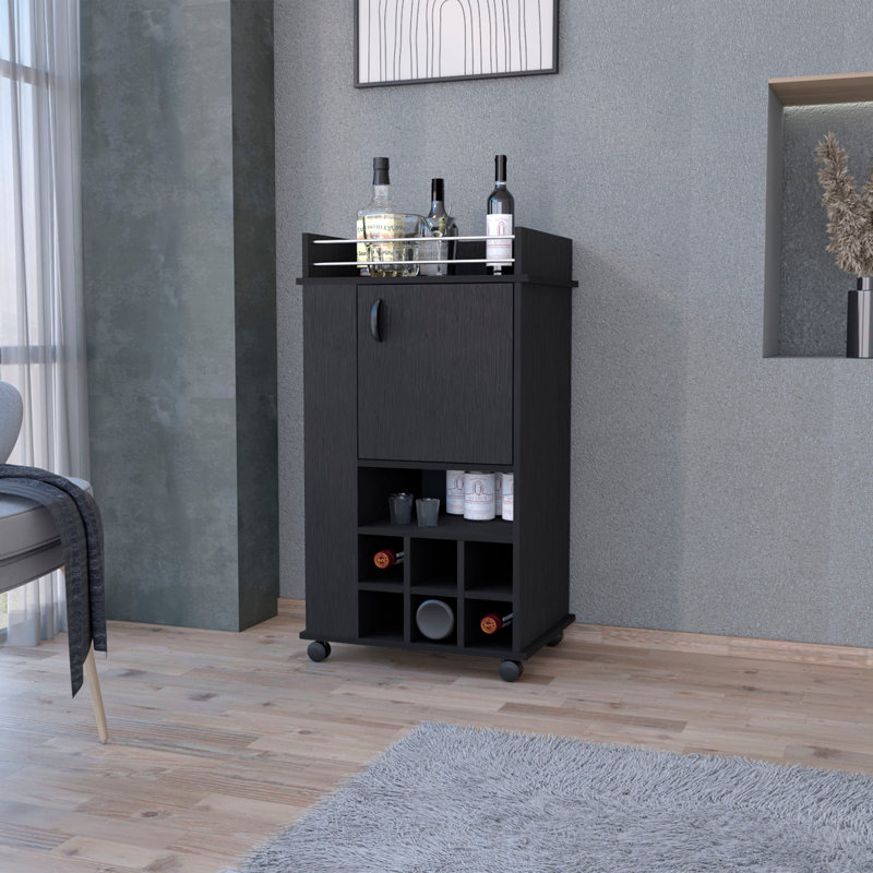 1-Door Bar Cart with Wine Rack and Casters Black, Black