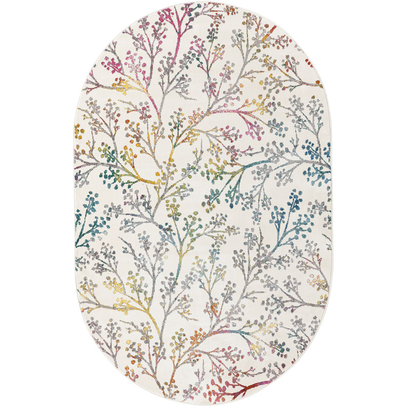Tapis campagnard et floral de couleur beige / bleu sarcelle, Ovale 5 pi 3 po x 7 pi 10 po