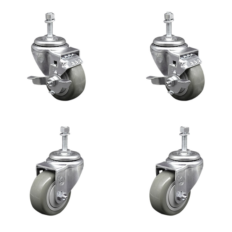 3.5 Inch SS Gray Polyurethane Swivel 10mm Threaded Stem Caster Set 2 Brake