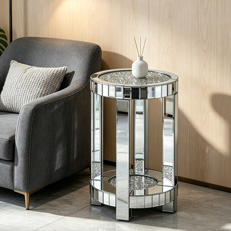 Amla 22'' Tall Mirrored Round Frame End Table with Storage