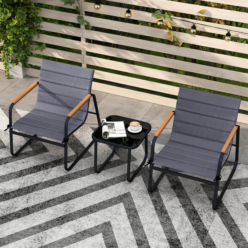 3 PCS Patio Bistro Set with Cushions & Tempered Glass Coffee Table for Balcony, Lawn