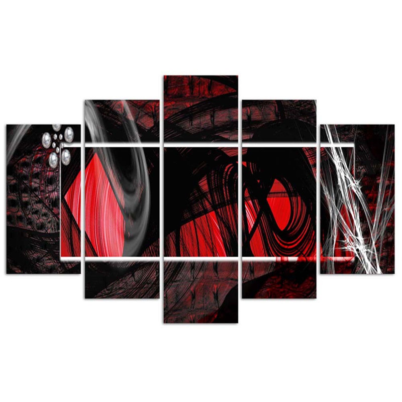 Red Abstraction - 5 Piece Wrapped Canvas Print, 100cm H x 150cm W