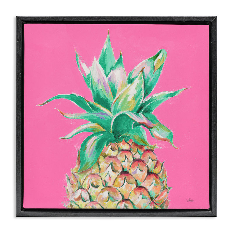 Ananas sur toile encadrée flottante rose par Patricia Pinto, Cadre flottant noir de jais, H 25 po x l 25 po