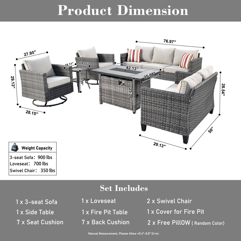 Harbin Wicker Rattan 7 - Person Outdoor Seating Group with Cushions with Fire Pit Table with Swivel Rocking Chairs, Beige