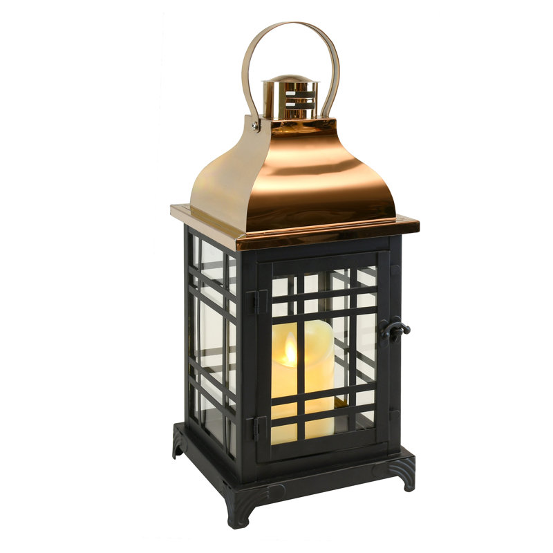 Lanterne en métal avec bougie DEL flamme vacillante - noir avec toit en cuivre