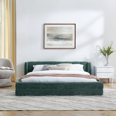  Upholstered Bed Frame with Thick Fabric, Chenille Fabric Grounded Platform Bed with Headboard and Solid Frame( 87''*67''*23.5'')