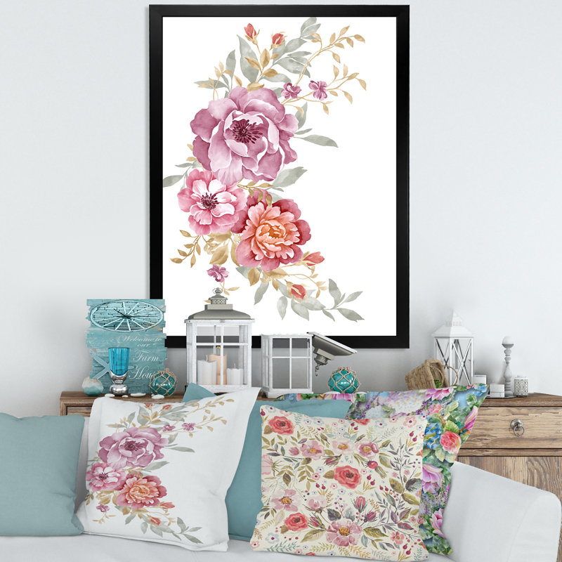Bouquet de fleurs roses et mauves III - reproduction d'art sur toile, H 40 po x l 30 po x 1,5 po, Noir