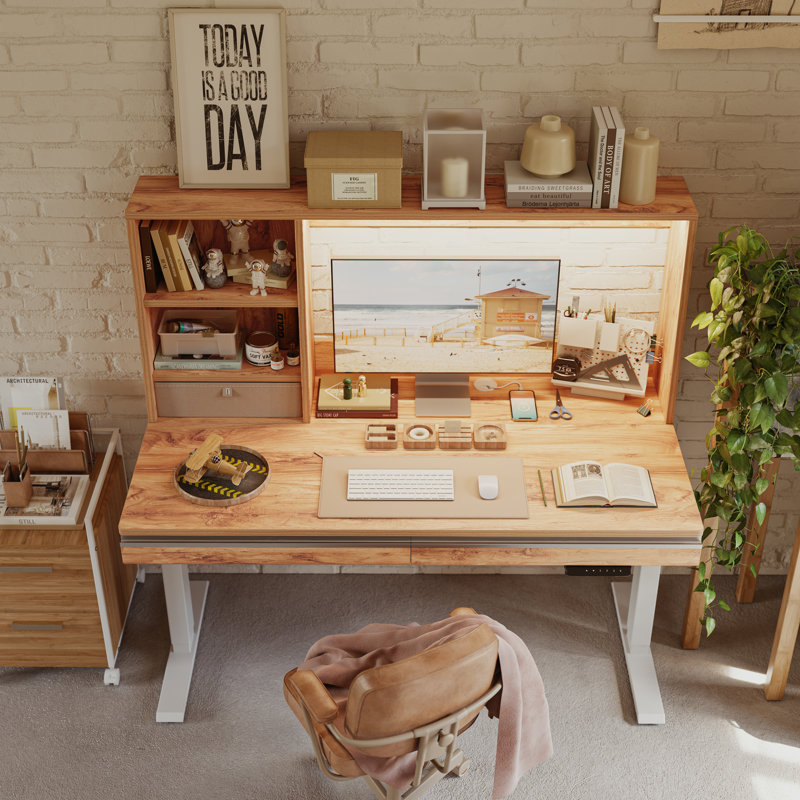 Bureau debout à hauteur réglable avec huche, Rustique clair / blanc