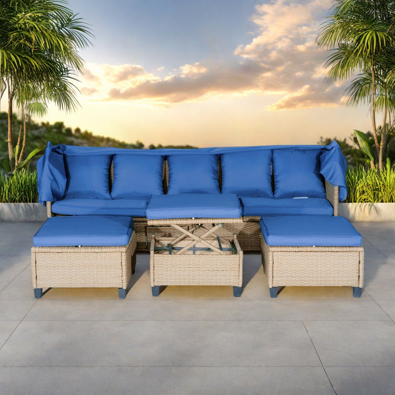 4 Pieces Uv-proof Resin Wicker Patio Sofa Set Included A 4-seat Sofa, 2 Ottomans, A Lifting Table, Retractable Canopy, Cushions And Adjustable Backrest