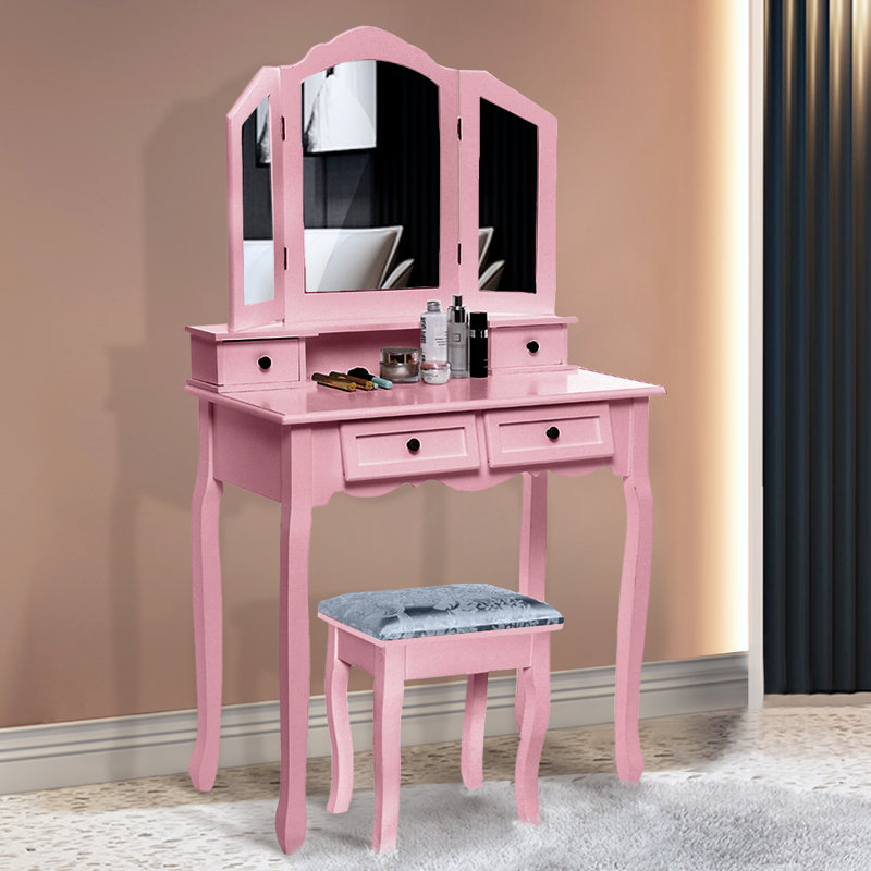 Ensemble coiffeuse avec tabouret et miroir Damonni, Rose