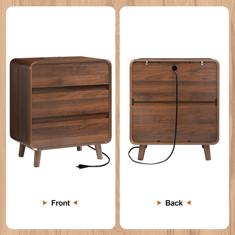 Angela Wood 3 Drawers Nightstand Set of 2 with Charging Station, Bed Side Table Set of 2 with Charging Station, Round Corner Wood Night Stand, 15.7"D x 23.6"W x 27.7"H