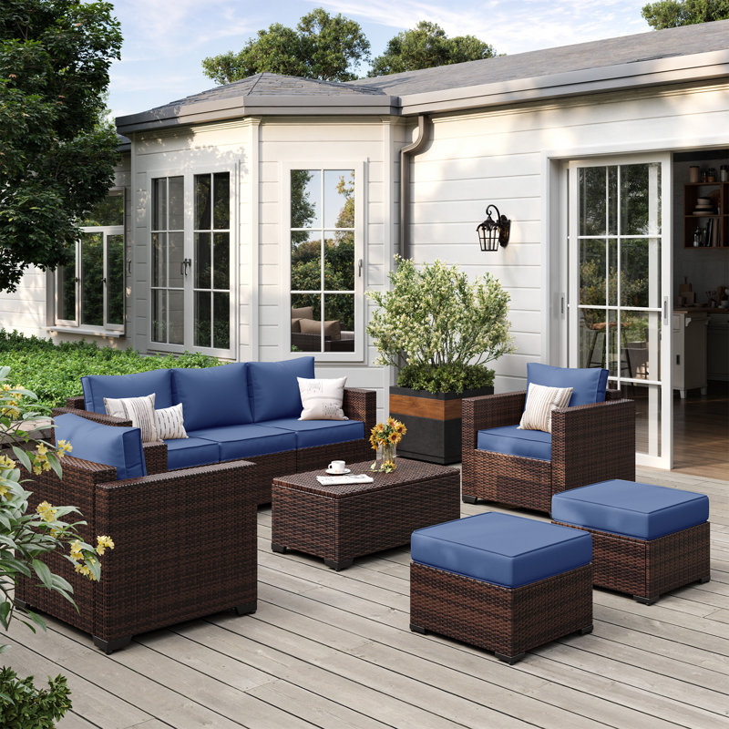 6-Pieces Wide Armrest Outdoor Sectional Rattan Conversation Set with Two Ottomans., Navy