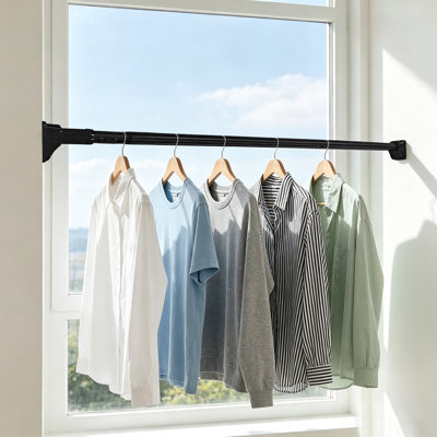 Heavy Duty Tension Clothes Hanging Rod No Drilling Wall Mount Laundry Drying Rack L-Shaped Triangle Support 4.92-7.22ft Adjustable Stretch Rod Stainless Steel Organizer for Bathroom Bay Window Closet