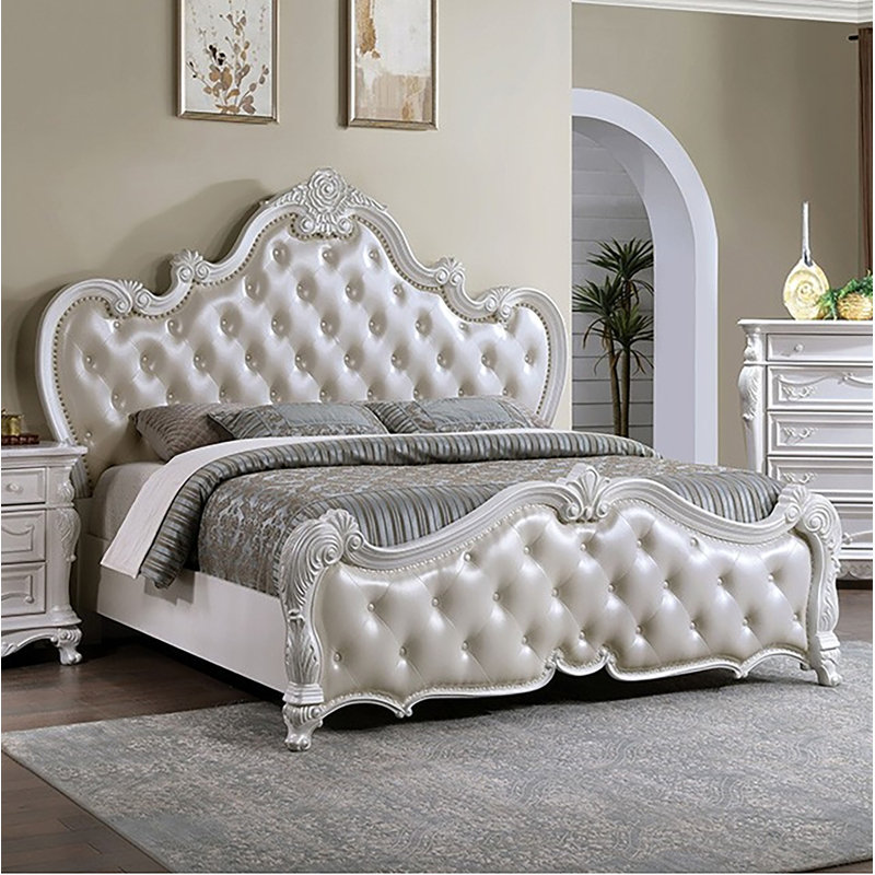 Granntam Upholstered Camelback Bed, King, White/Pearl White