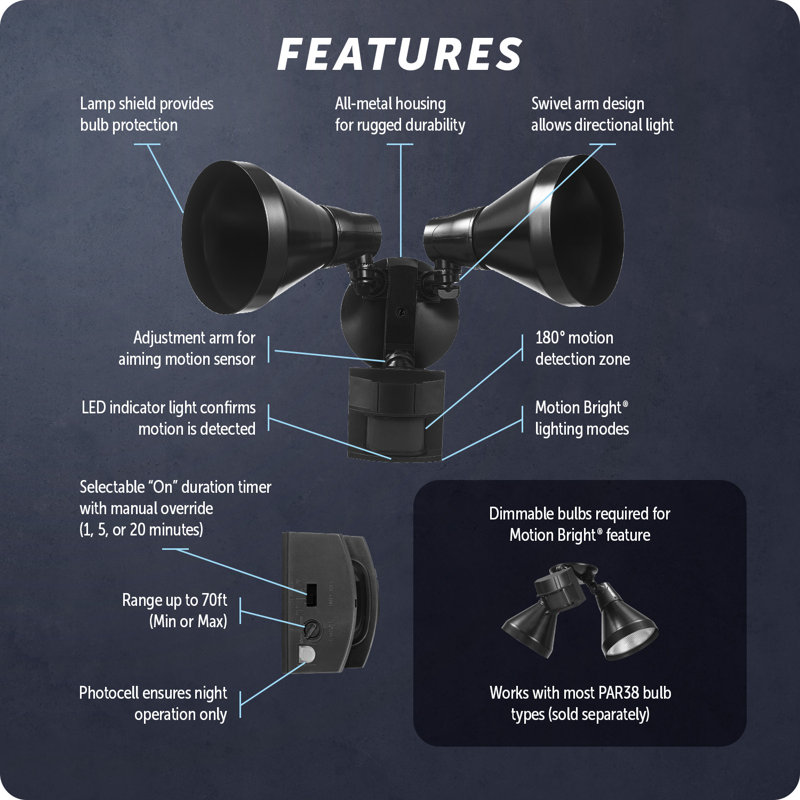 180-Degree 240 W Twin Head Black Hardwired Motion Sensor Security Flood Light with MotionBright