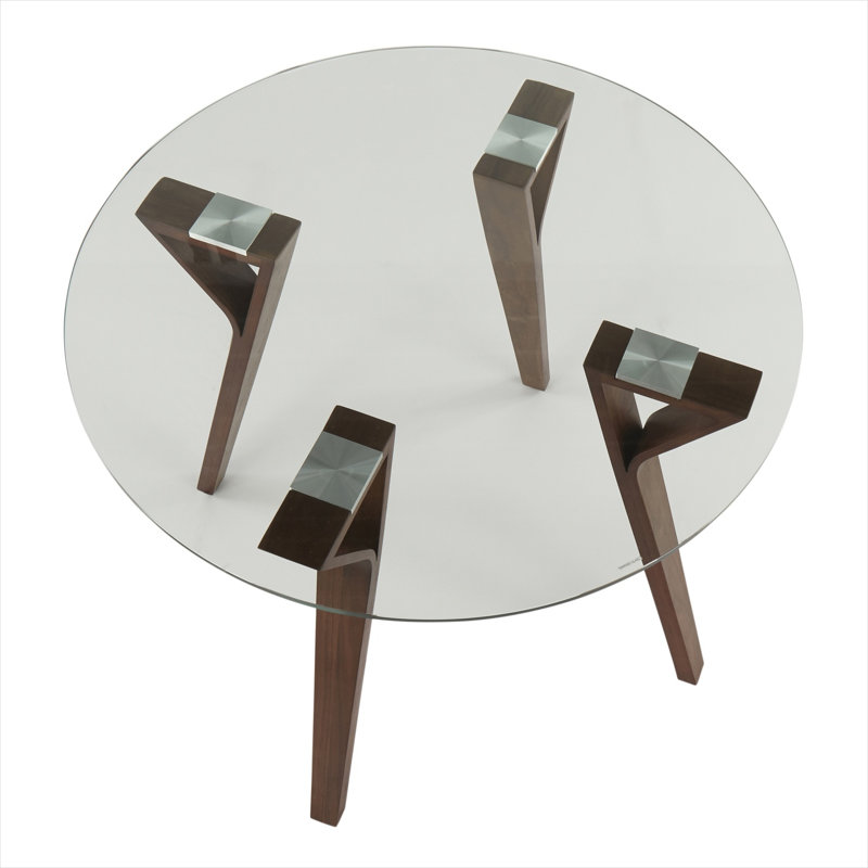 Table de salle à manger ronde 36 po, 4 places, en noyer moderne Mid-Century avec plateau en verre trempé