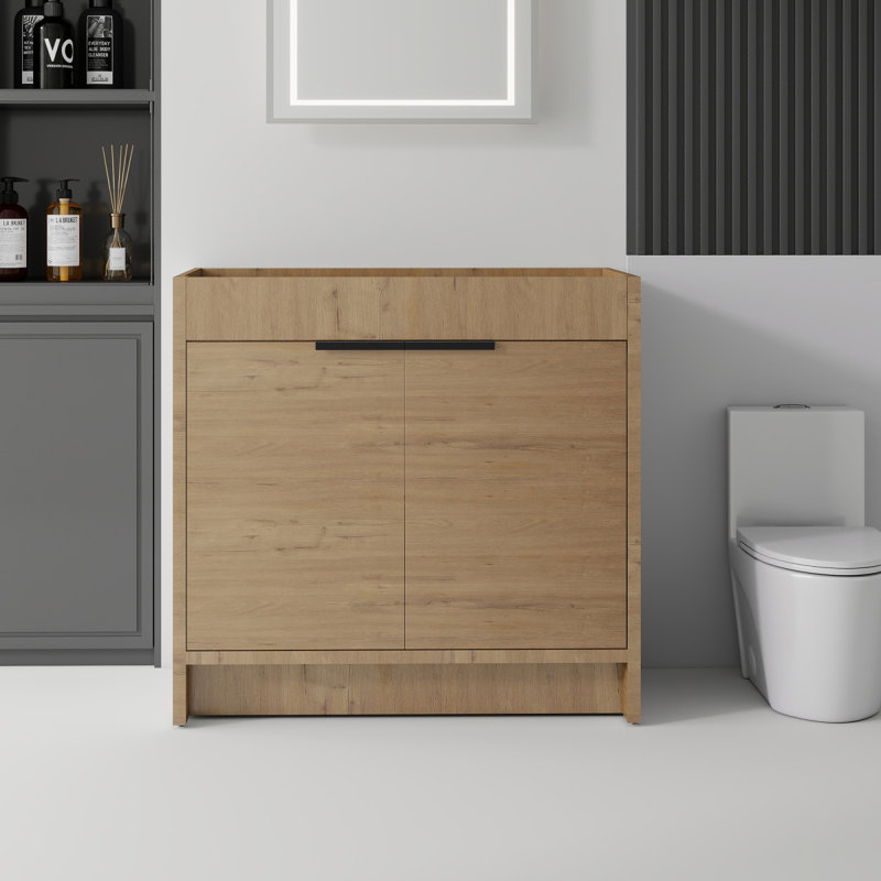 Meuble-lavabo sur pied 36 po, contreplaqué, portes doubles à fermeture douce, rangement intérieur spacieux, armoire seulement, lavabo non inclus, chêne