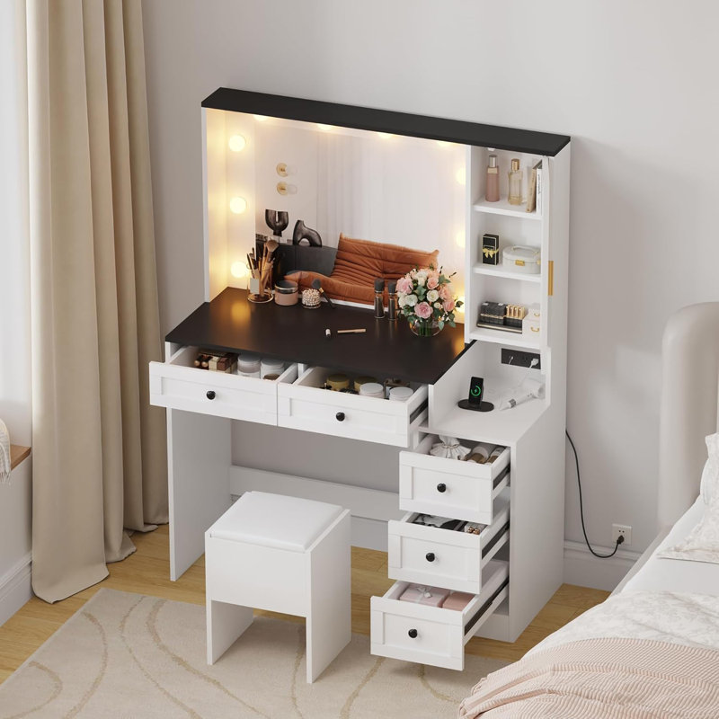 Makeup Vanity Stool Set, Small Vanity Desk With Lighted Mirror, Charging Station, Lindsborg Drawers, White