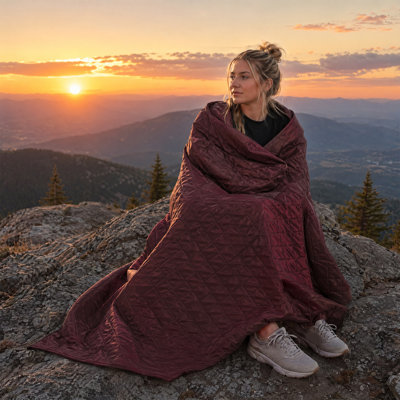 Couverture de pique-nique à capuchon portable Poncho rouge foncé 80 x 55 pouces imperméable coupe-vent polaire camp couverture 210 t polyester couverture chaude stade douillet manteau pour le camping en plein air randonnée cour