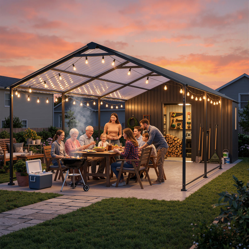 12 ft. W x 25 ft. D Metal Storage Shed and Carport Combo with Sliding Door, Window and Entry Ramp