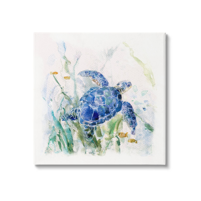 «Pleasant Aquatic Blue Sea Turtle» nageant des plantes de l'océan par Sally Swatland - Peinture, Toile tendue