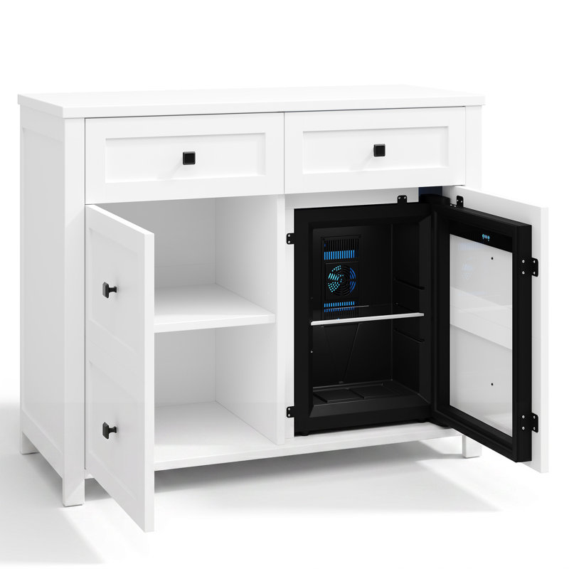 Buffet de 104 cm avec mini-réfrigérateur intégré, 2 tiroirs et tablette réglable pour coin café et espace boissons, blanc