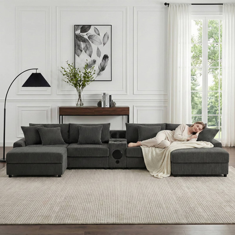 Canapé modulaire en U 144 po en velours côtelé avec 2 repose-pieds mobiles, console avec haut-parleur Bluetooth, chargement USB et sans fil, porte-gobelets et rangement, gris