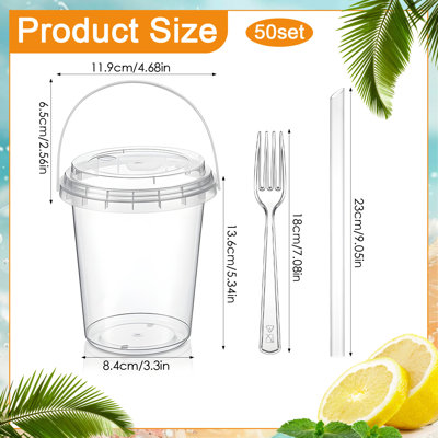 50-piece set, 33.8oz clear disposable plastic cups ，Clear Pet Cups（lids, straws, forks）, beverage containers, and milk tea cups, for All Kinds of Beverages