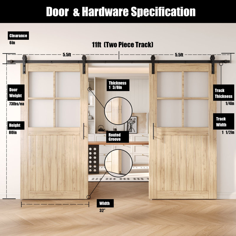 Portes de grange en verre givré non assemblées et non finies avec ensemble de quincaillerie d'installation sans dérivation de 32 po x 80 po Homacer