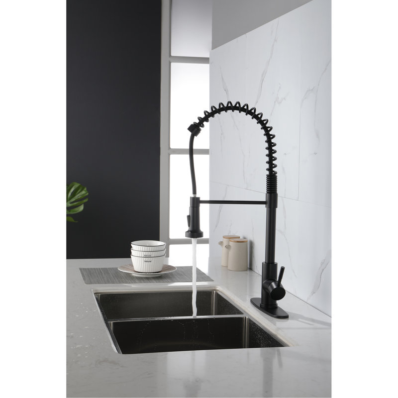 Robinet de cuisine noir mat avec douchette extractible - Acier inoxydable, revêtement, ressort rotatif à 360 °, débit d'eau