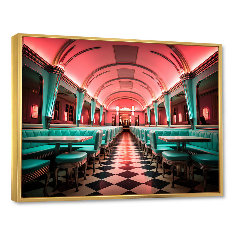 «Pink Nostalgic Tunes Fast Food 1960S Diner - Jukeboxes», art mural, Cadre flottant doré, H 34 po x l 44 po x P 1,5 po
