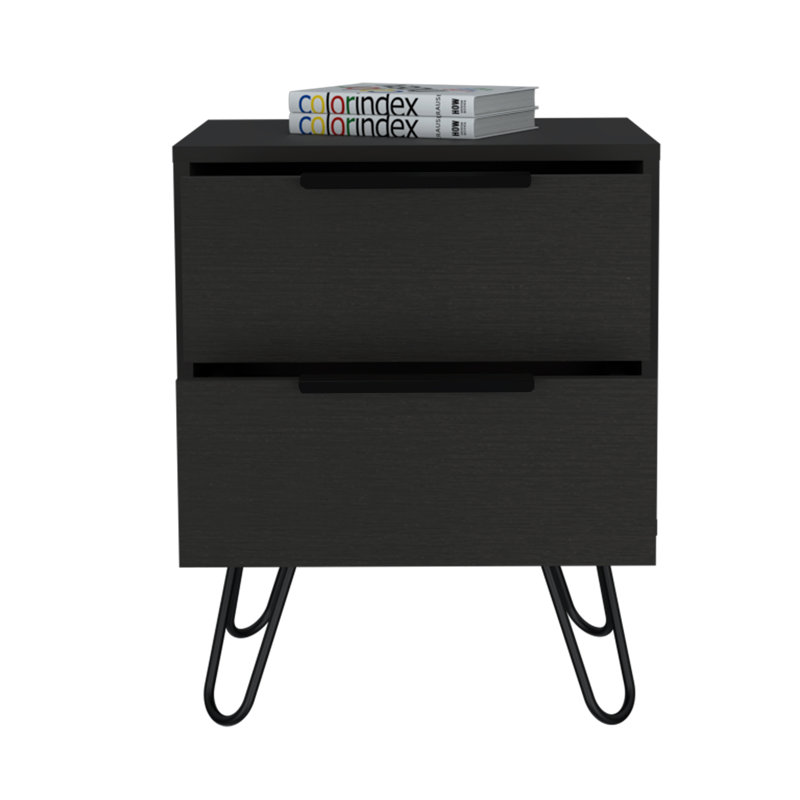 Nightstand, Hairpin Legs, Two Drawers, Black