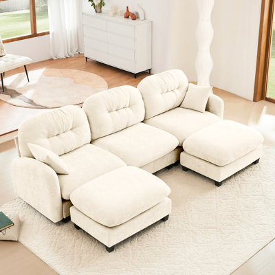 Canapé d'angle modulaire beige, revêtement chenille, siège ergonomique, mousse haute densité, 2 coussins décoratifs, combinaisons possibles. Canapé 3 places en forme de U avec revêtement chenille, coussins en mousse, installation facile, idéal.