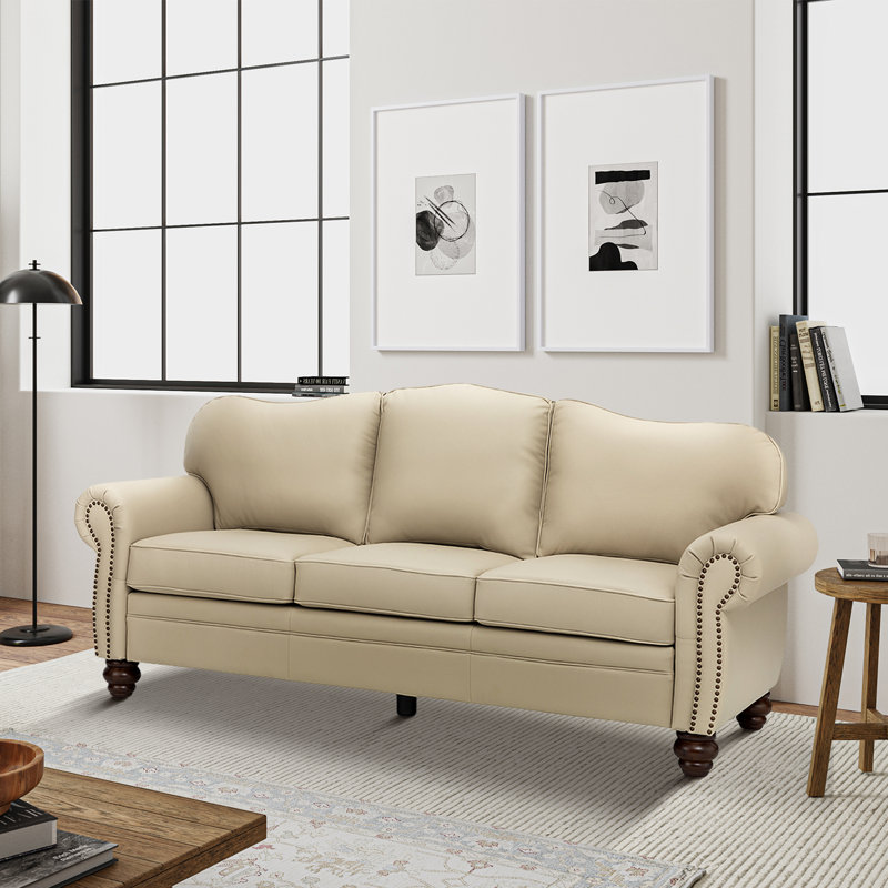 Damore 81'' Wide Genuine Leather Sofa, Beige
