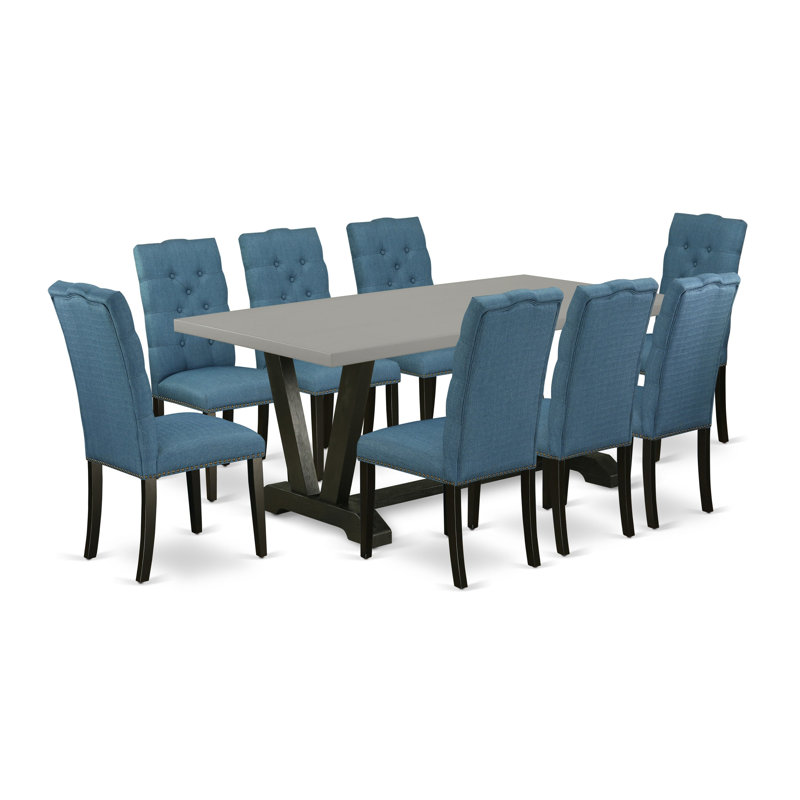 9 Piece Dining Room Table Set Includes a Rectangle Kitchen Table with V-Legs and 8 Blue Linen Fabric Parson Dining Chairs, Wire Brushed Back Finish