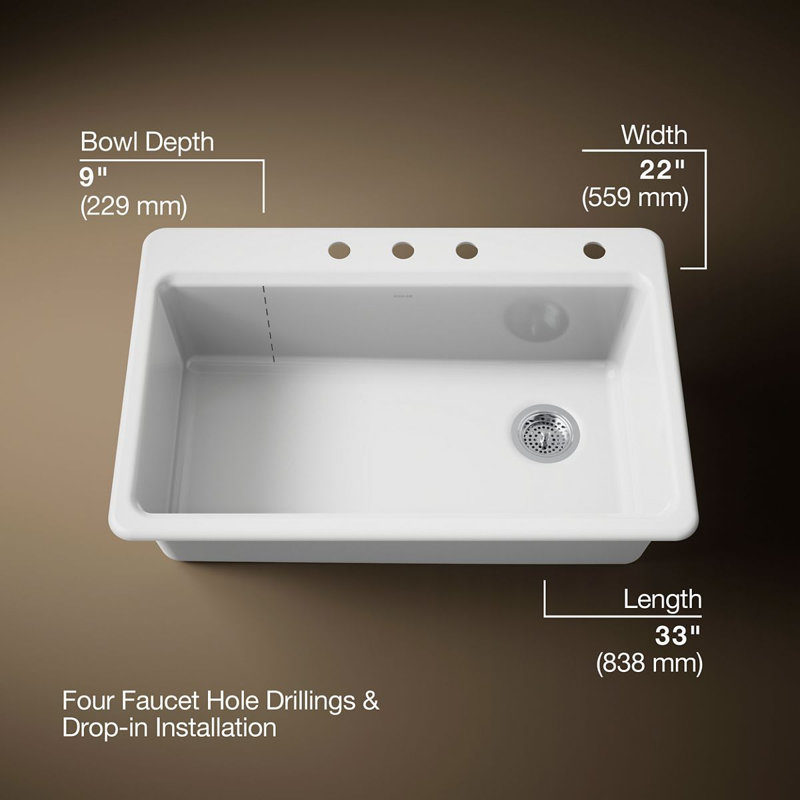 Riverby 33" Top-Mount Single-Bowl Kitchen Sink, White, 4 hole